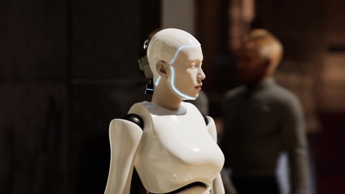 女性机器人在大城市的街道上四处张望。人形人工智能机器人。3 d动画。未来的概念