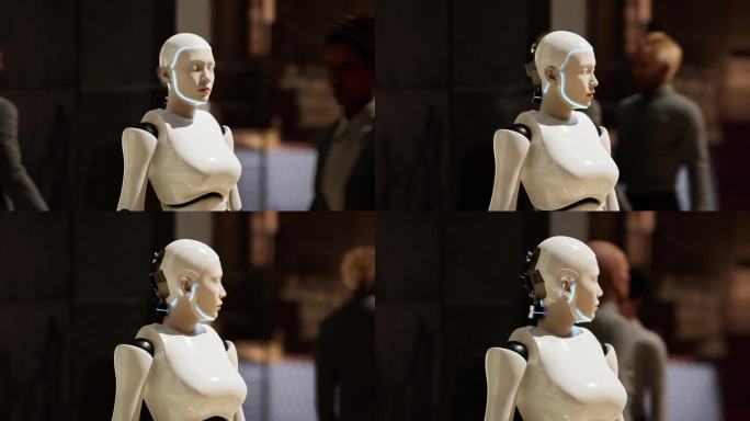 女性机器人在大城市的街道上四处张望。人形人工智能机器人。3 d动画。未来的概念