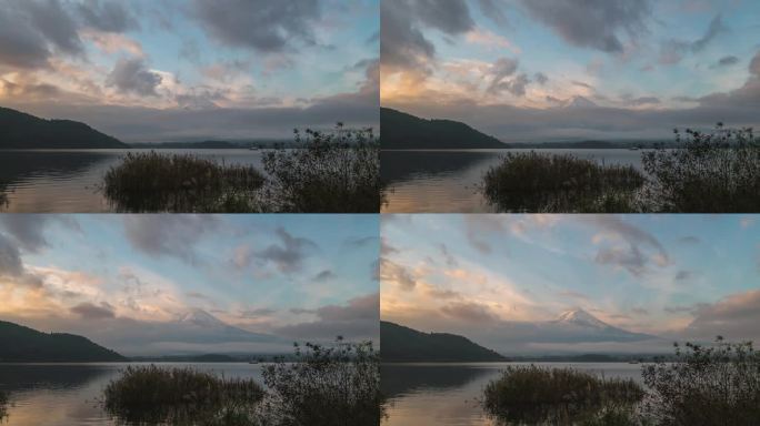 秋天的早晨，日本富士山川口湖的航拍延时超延时视图。无人机拍摄的富士山全景图。
