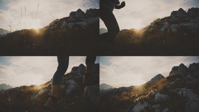 日出时，在阳光明媚的山上，一名女子在崎岖的山坡上慢跑