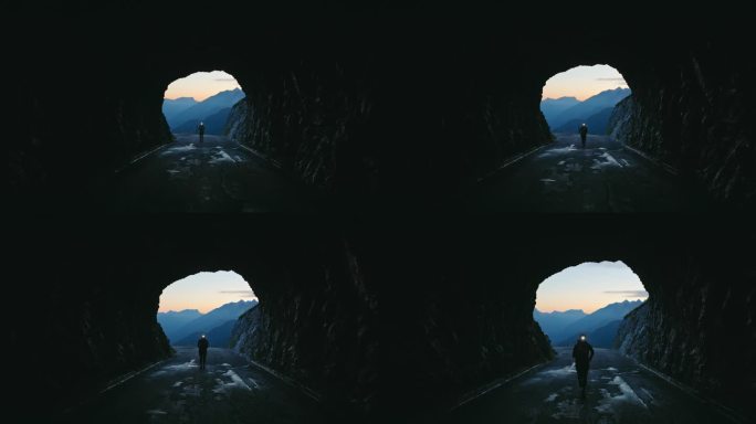 黎明时分，一个女人的剪影在黑暗的山间隧道里奔跑