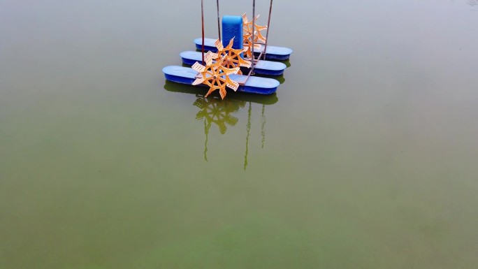 在商业鱼虾养殖池中运行的桨式曝气机