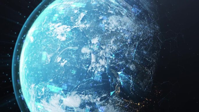 地球从太空缓慢旋转的3D渲染，飞行路径，全息动画卫星轨迹，通信连接，技术，未来主义
