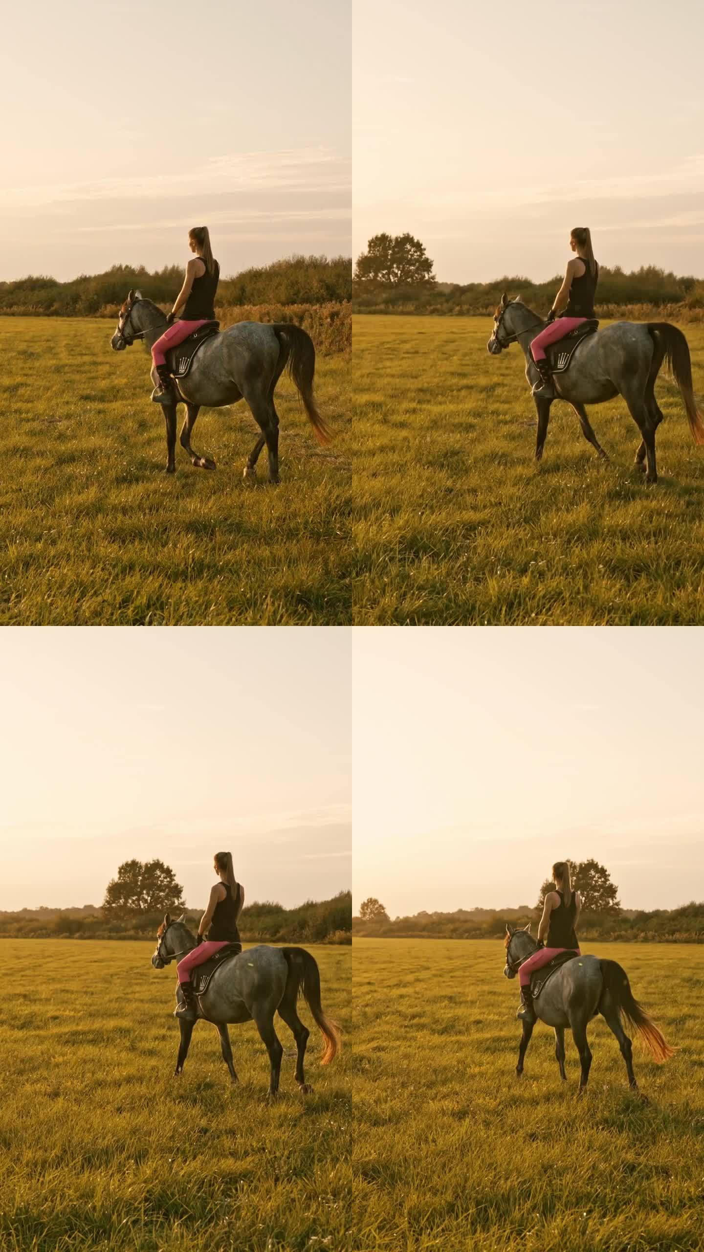 夕阳下乡间草地上骑马的年轻女牧场主的后景