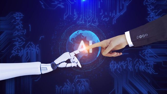 三维数字人工智能机器人与人类发展的AI研究。未来的人们生活。