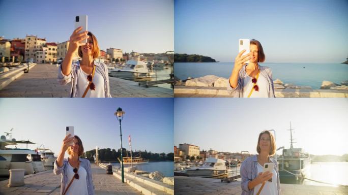 SLO MO 360°远景:女人用手机捕捉罗维尼海岸魅力的每一个角度