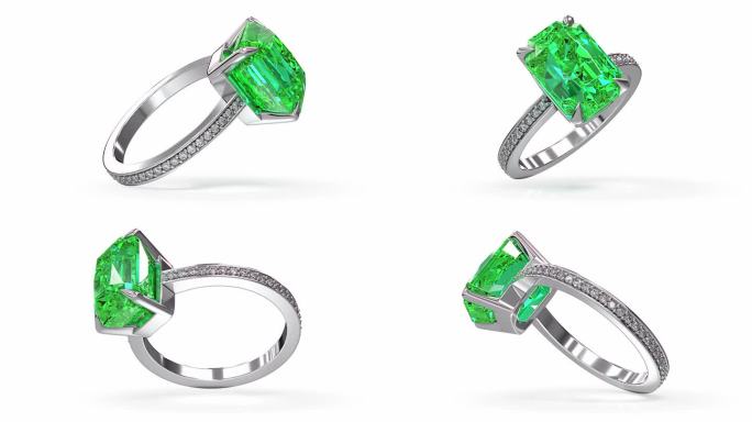 白金戒指配绿色宝石和钻石