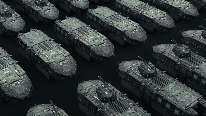 轮式军用坦克在基地，小队正在准备执行任务，黑白画风，抽象，3d渲染