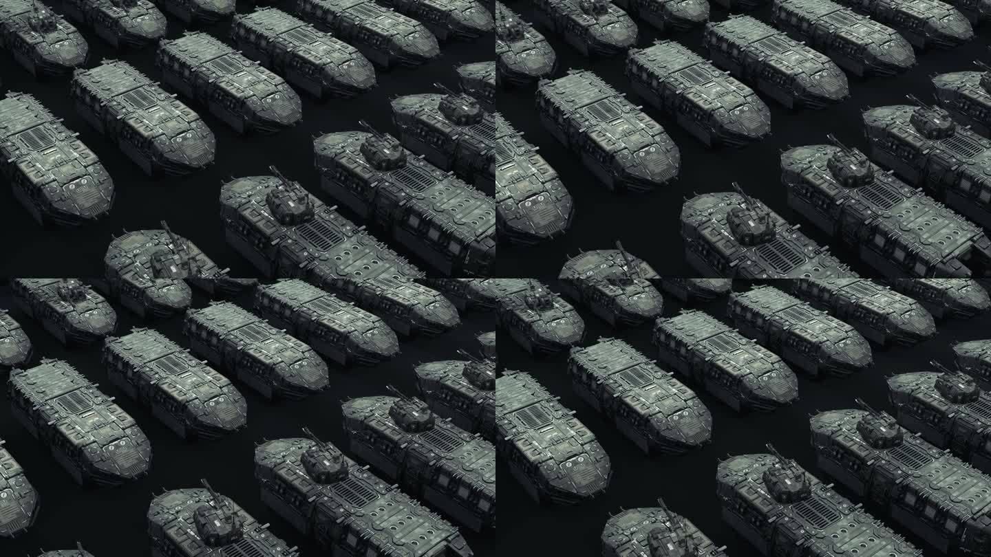 轮式军用坦克在基地，小队正在准备执行任务，黑白画风，抽象，3d渲染