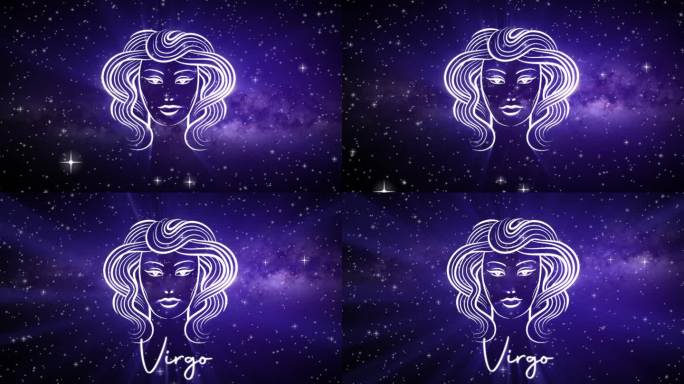 处女座的占星学星座，在深空的背景上有一个闪闪发光的符号，3D空间中的星星和平滑的弧形相机移动，在神秘