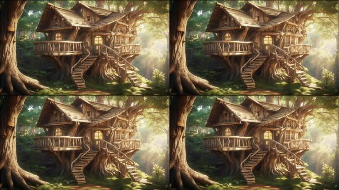 4K唯美卡通动漫树林森林木屋童话背景