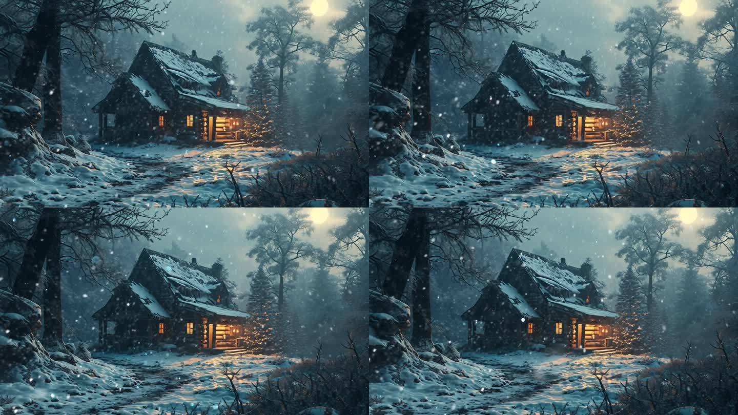 冬日雪夜乡村木屋 冬日童话背景视频