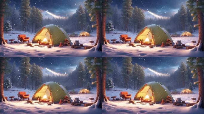 4K唯美冬季冬天卡通下雪露营帐篷背景