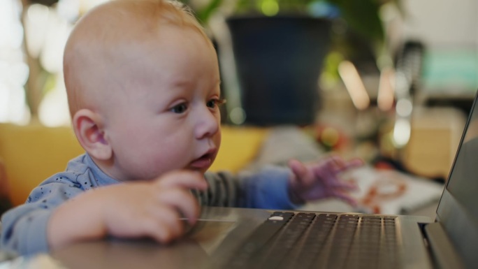 母亲带着男婴在家使用笔记本电脑