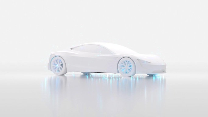 3d渲染抽象艺术与超现实主义的极简主义的白色3d汽车模型在旋转过程中，小球或气泡粒子在发光的霓虹灯蓝