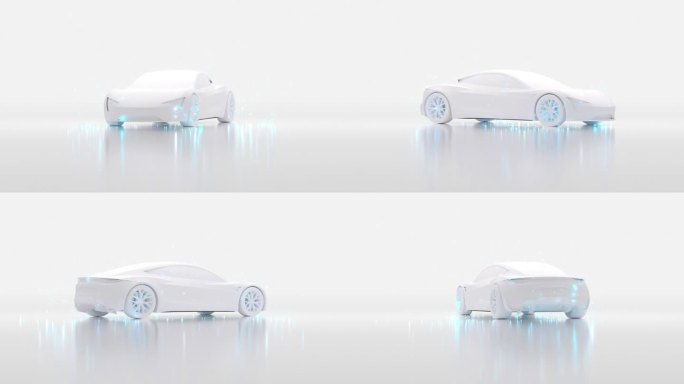 3d渲染抽象艺术与超现实主义的极简主义的白色3d汽车模型在旋转过程中，小球或气泡粒子在发光的霓虹灯蓝