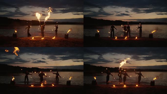 日落后河岸专业消防表演，水火交融的精彩艺术表演