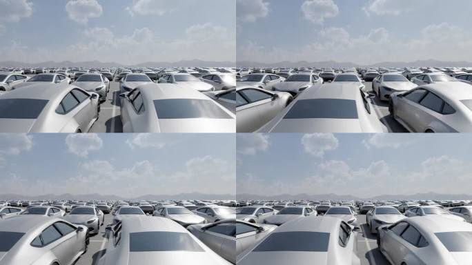 在山地背景下的户外停车场，一排排的普通跑车。电动汽车停车场的3d渲染概念。