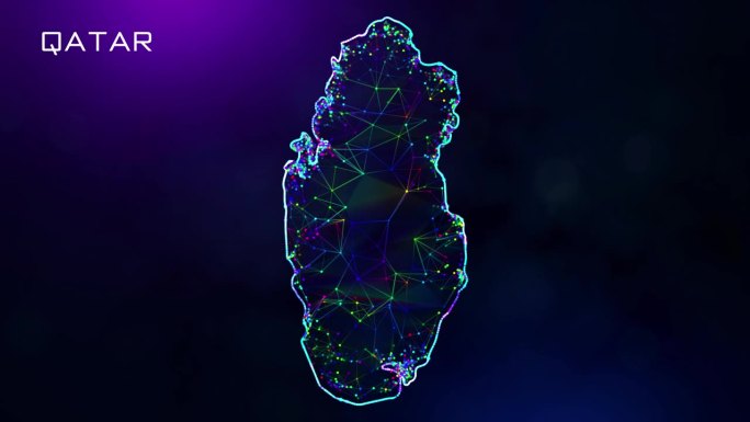 未来的甜蜜运动揭示卡塔尔地图多边形蓝紫色彩色连接线和点线框网络与朦胧的散景文字