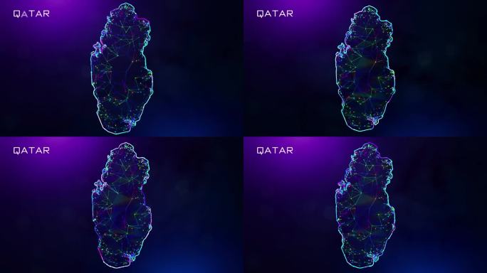 未来的甜蜜运动揭示卡塔尔地图多边形蓝紫色彩色连接线和点线框网络与朦胧的散景文字