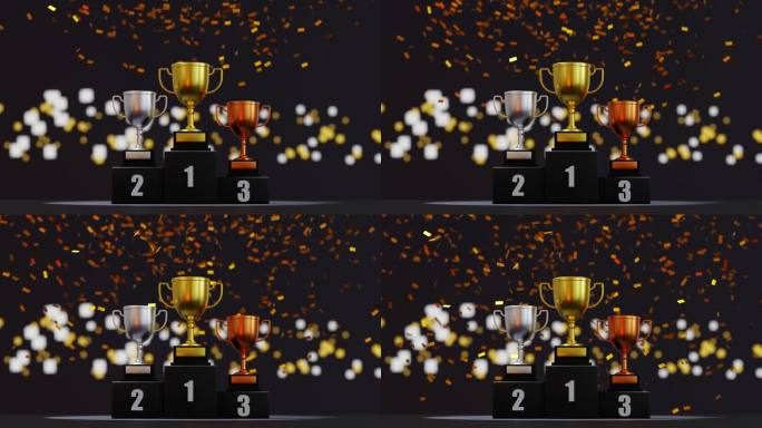 冠军领奖台上的金、银、铜奖杯与飘落的五彩纸屑，荣耀的时刻，3D渲染。