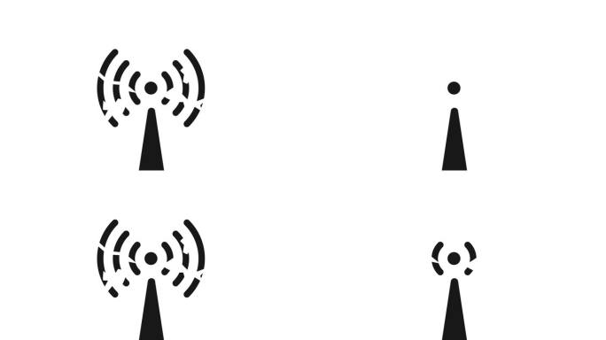 破碎的无线电塔动画图标在白色背景。无线电台不工作或通信问题和信号中断的动画
