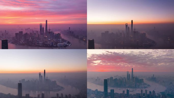 航拍冬日晨雾（雾霾）中的上海日出合集