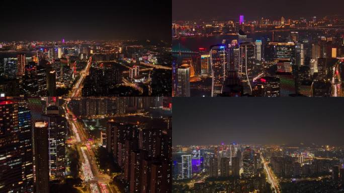 4k航拍杭州城市夜景车流