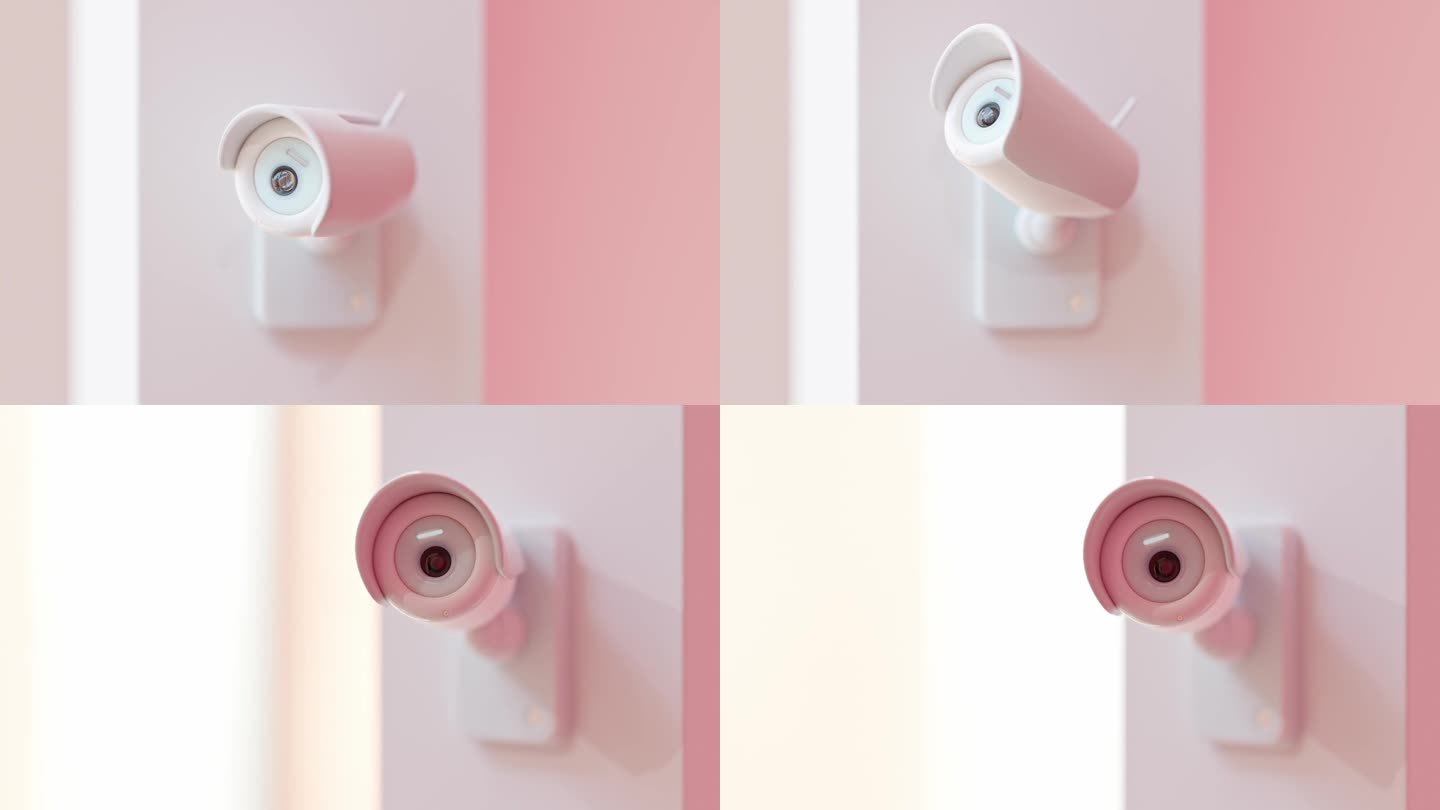 安全闭路电视摄像头可爱的形状和粉色柔和的颜色为儿童房。扫描该区域以进行监视。技术与创新理念。动画。