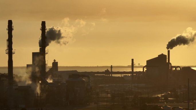 工厂处理和处理的磷酸盐排放有毒蒸汽污染空气。佛罗里达州坦帕市的马赛克河景工厂。化工生产磷酸的工业设施