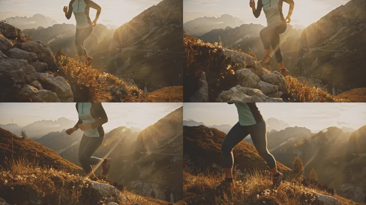日出时，女子在阳光明媚的偏远山区慢跑上坡