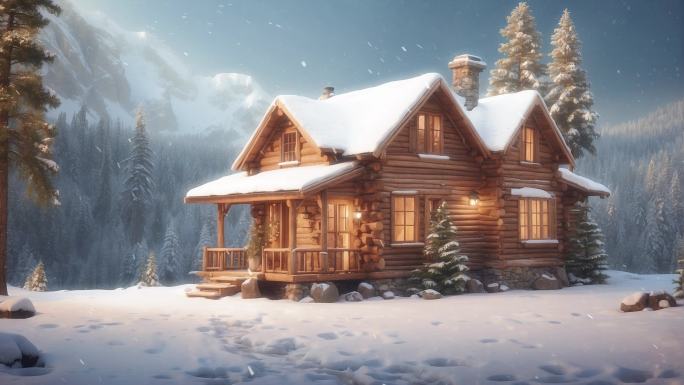 4K唯美冬天雪地雪山野外木房子背景