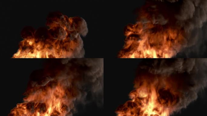 燃烧的汽油爆炸覆盖着强烈的火焰滚滚的烟雾黑色背景视觉特效合成动画运动图形特效动作序列灾难场景戏剧性的