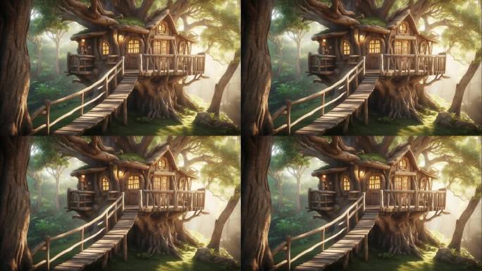 4K唯美卡通动漫树林森林童话木屋背景