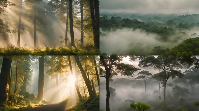 清晨航拍原始森林雾气阳光照射大自然