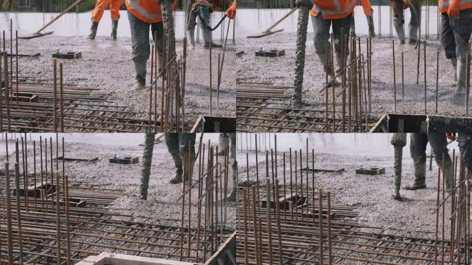 混凝土混合模板，工人在建筑工地浇筑。