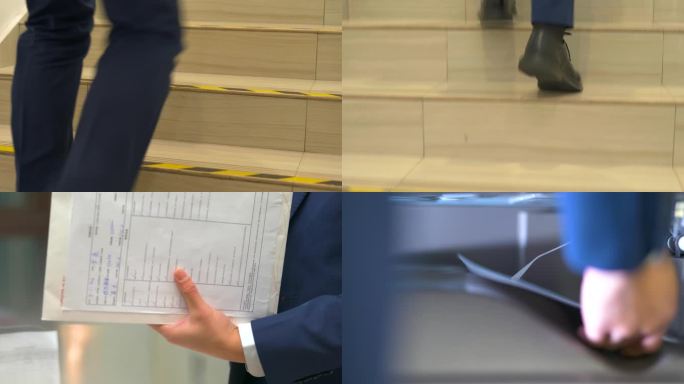 男人操作手机系领带上楼梯翻文件打印文件