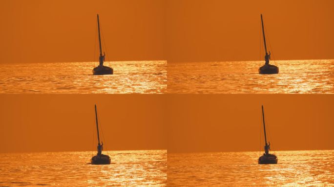 SLO MO海岸奥德赛:浪漫之旅，不认识的夫妇滑翔在木船在日落的剪影