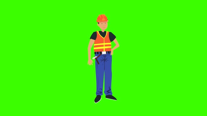 在绿色背景上，一个穿着施工服的男建筑师的动画。
