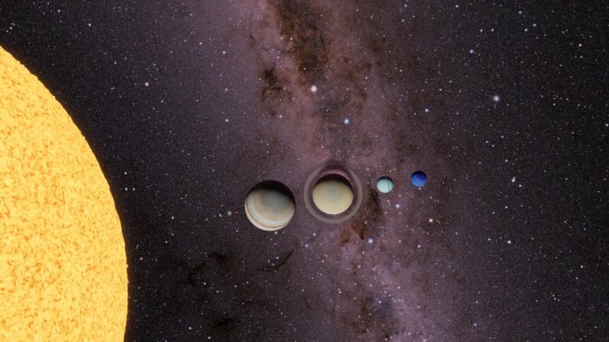 太阳系行星与太阳的大小比较，银河系在背景中飞过