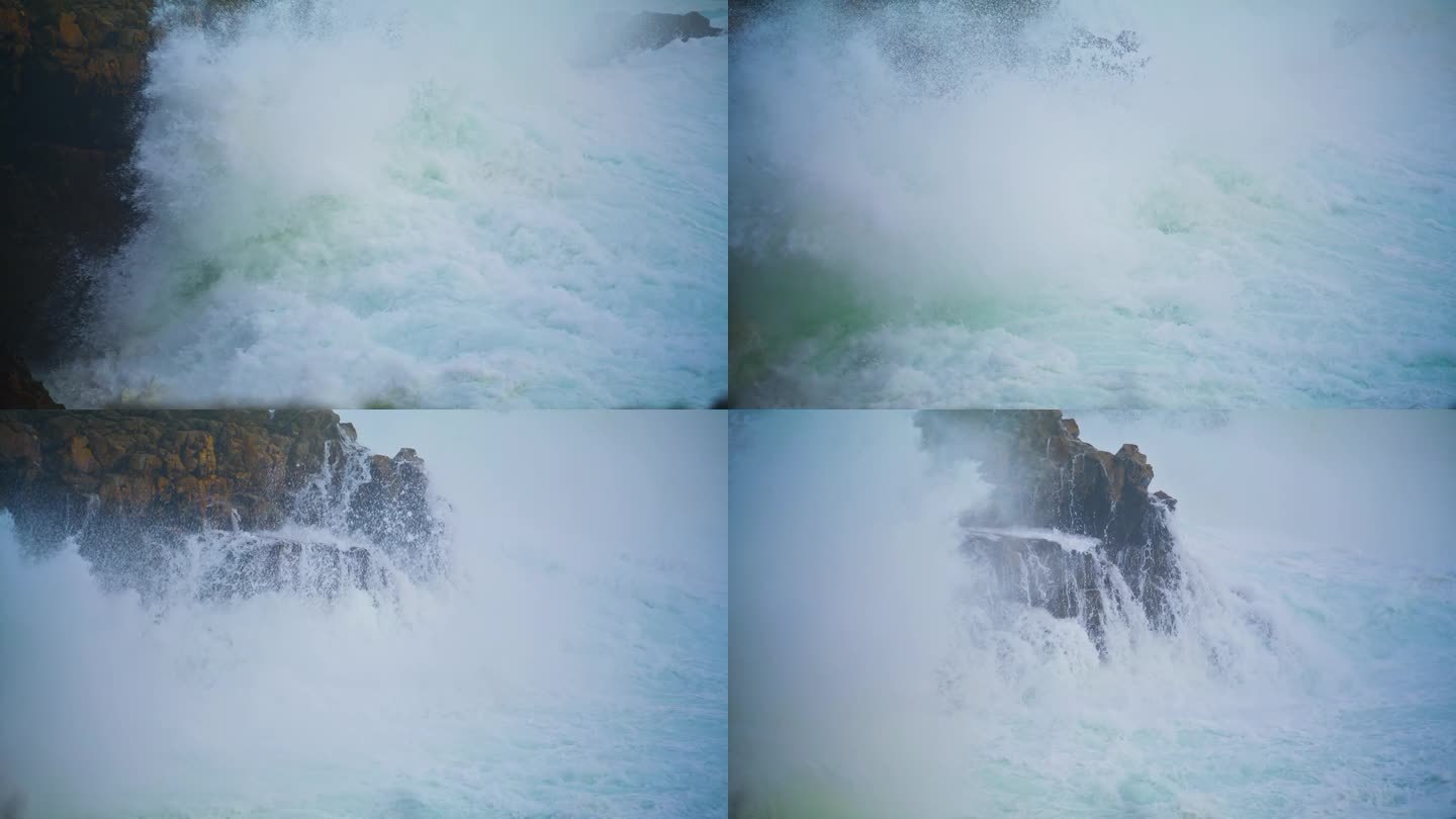 猛烈的海浪冲击着野生悬崖特写。海岸风暴撞击岩石