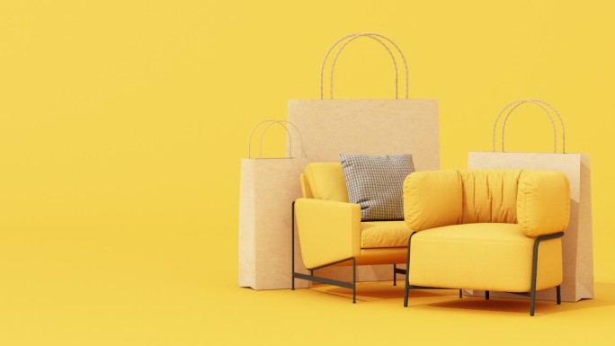 室内设计概念甩卖打折促销纺纱家具沙发、扶手椅。周围有购物袋和纸板箱，上面有广告横幅。黄色的基调。3d