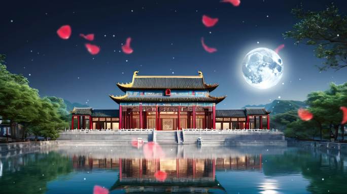 中式建筑背景月亮玫瑰花瓣