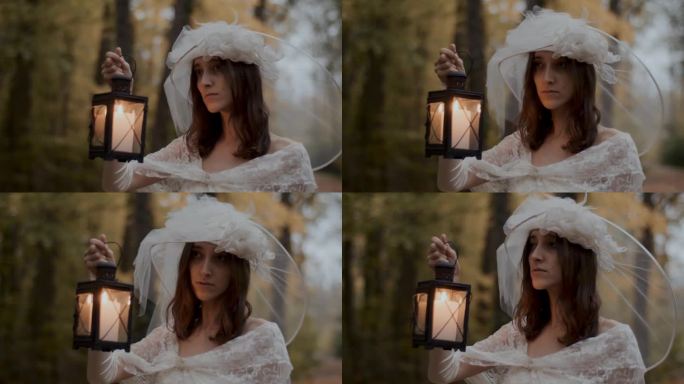 在森林里，一位穿着白色连衣裙的神秘女士举着一盏旧蜡烛灯