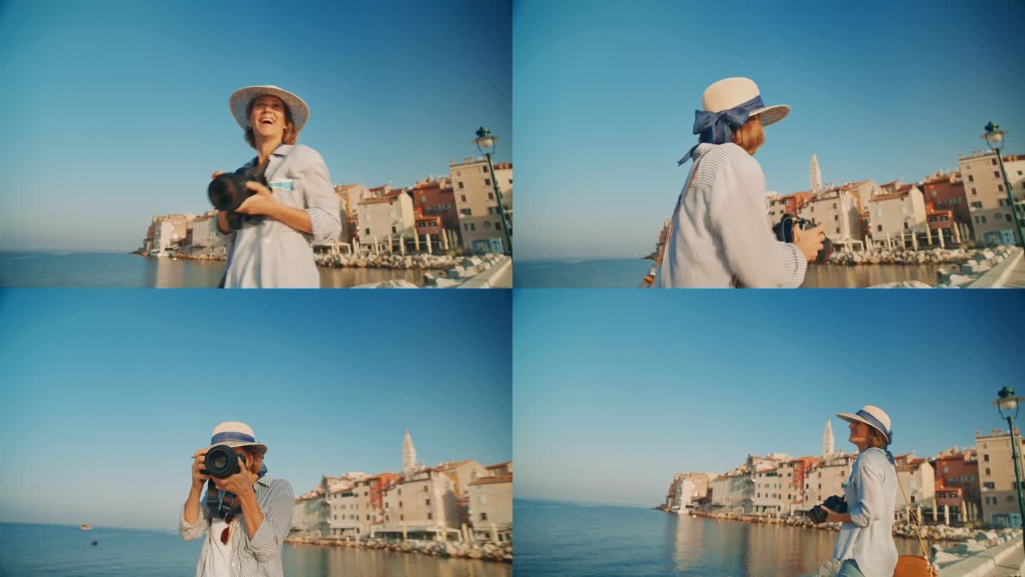 捕捉罗维尼的魅力:女人的镜头从老城的美丽到吸引观众。沿海城市。