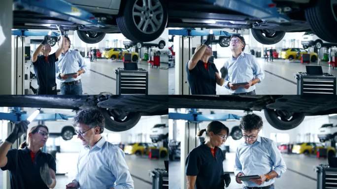 在修理厂对汽车底盘进行轻型检查的机械师和经理