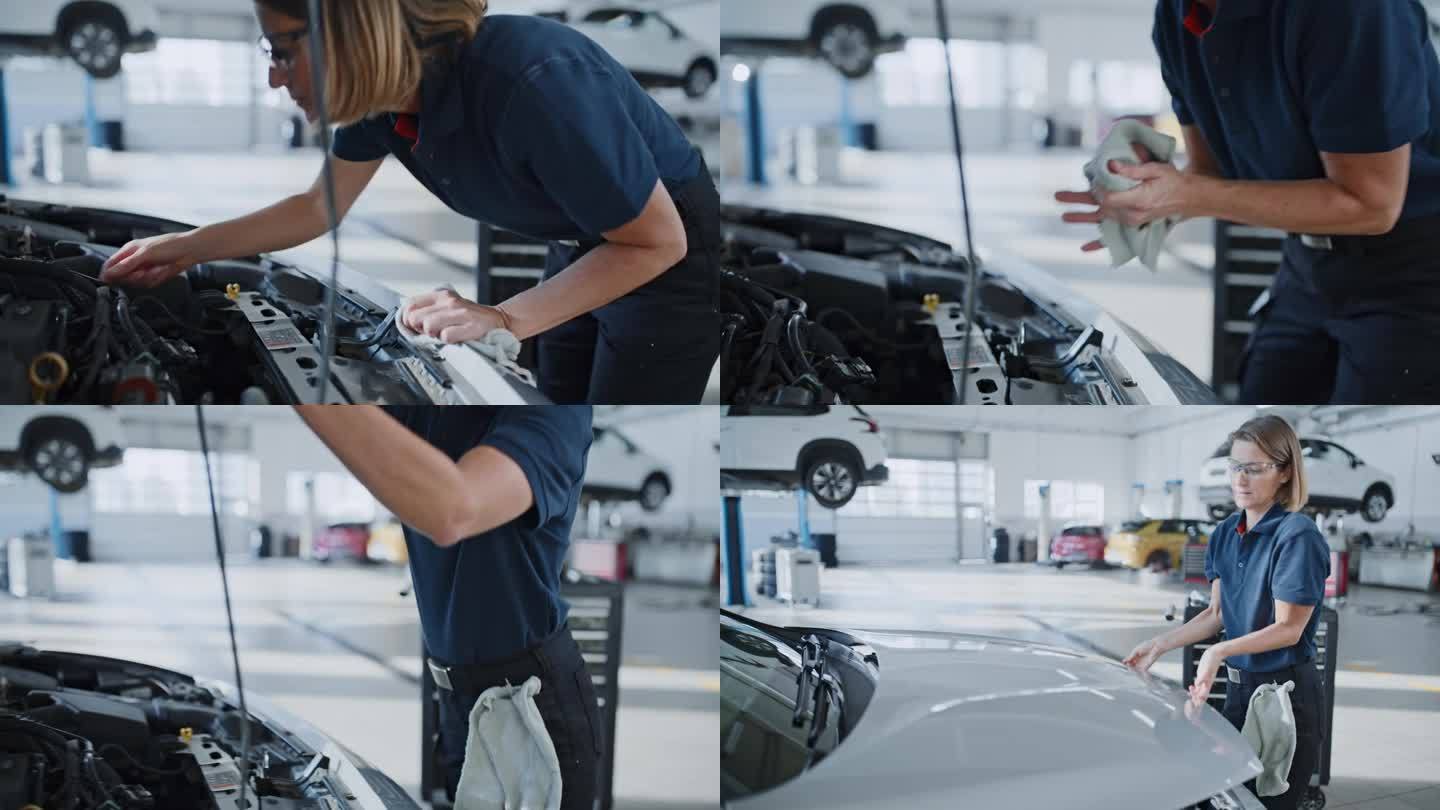 女机械师在修理厂检查、修理汽车发动机