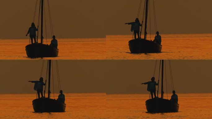 SLO MO海岸奥德赛:一对夫妇在日落时在木船上滑行的浪漫之旅