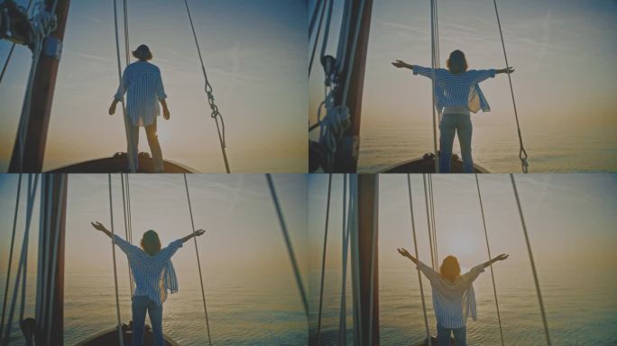 拥抱夕阳:女子站在船首，伸开双臂，凝视着地平线