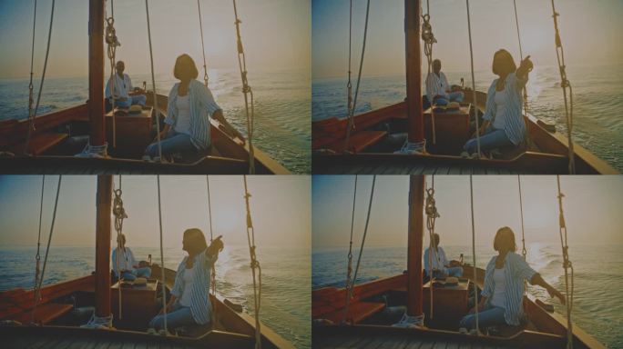 没有女人指着远处:夕阳和丈夫在木船上航行